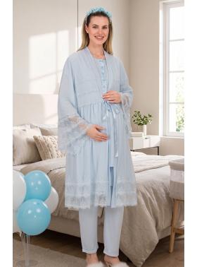 RİMEL Mavi Kısa Kollu Dantelli Lohusa Pijama Takım Sabahlık 33010